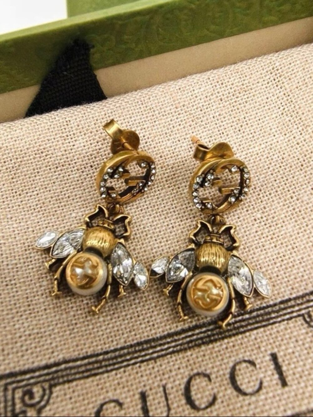 Gucci Gold Bee Drop Earrings with Clear Crystal Wings